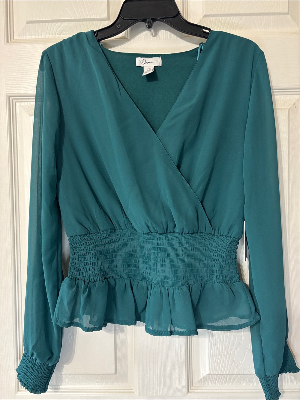 Japna Teal Wrap Smocked Peplum Blouse